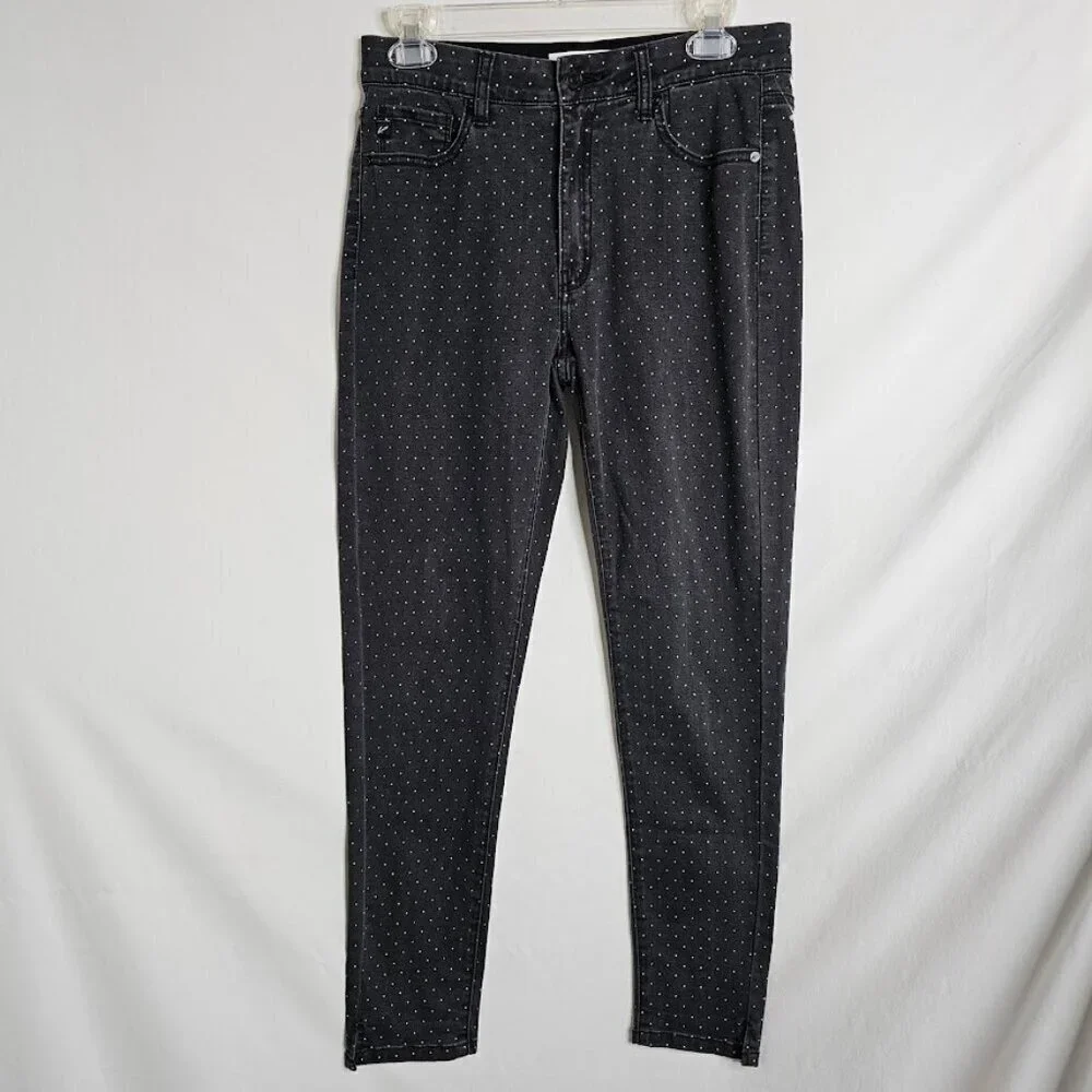 KANCAN Skinny Jeans size 9/28 BLACK w POLKA DOTS Preppy Mid Rise Pants Chic Cute - Picture 2 of 9